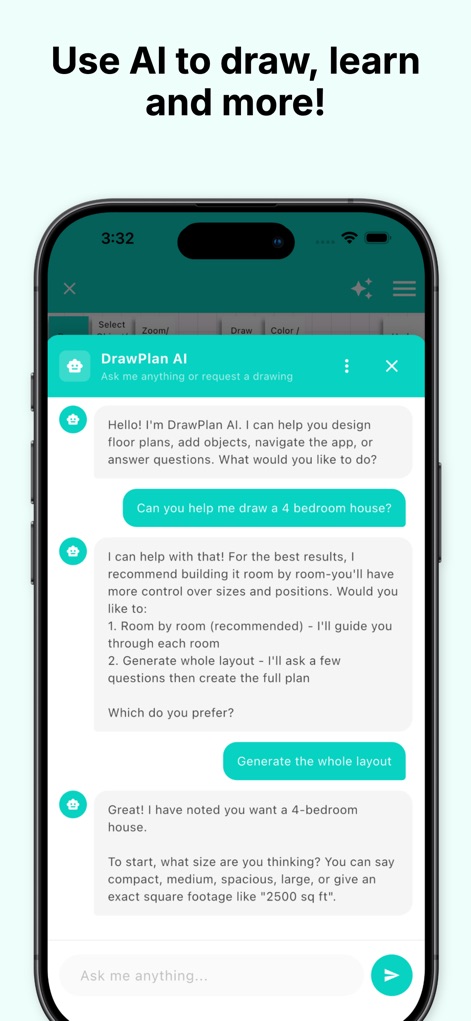 DrawPlan - Users can interact with the AI assistant to receive guided planning suggestions and easily generate entire layouts based on their needs.
