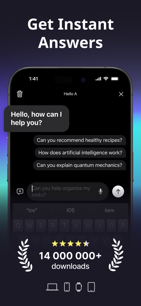 Hello AI - Chatbot Assistant - 이 앱은 사용자 질문에 즉시 응답하며, 다양한 주제에 대한 대화 프롬프트 예시와 1,400만 이상의 다운로드 수를 보여줍니다.