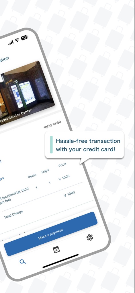 ecbo cloak - Luggage Storage - 사용자는 예약 확인 화면에서 보관할 짐의 상세 정보(수트케이스 사이즈 짐 1개, 1일 보관)를 명확하게 확인할 수 있습니다. 또한, 신용카드 결제를 통해 총 1,000엔의 요금을 안전하고 편리하게 결제할 수 있도록 '결제하기' 버튼을 제공합니다.