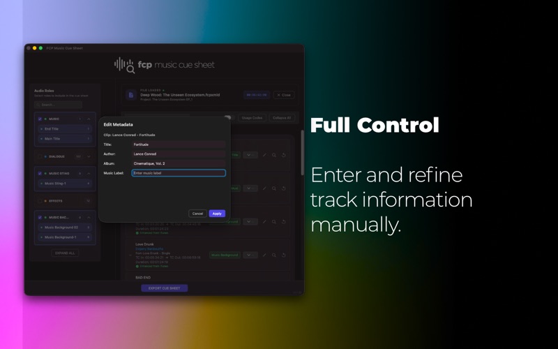 FCP Music Cue Sheet screenshot
