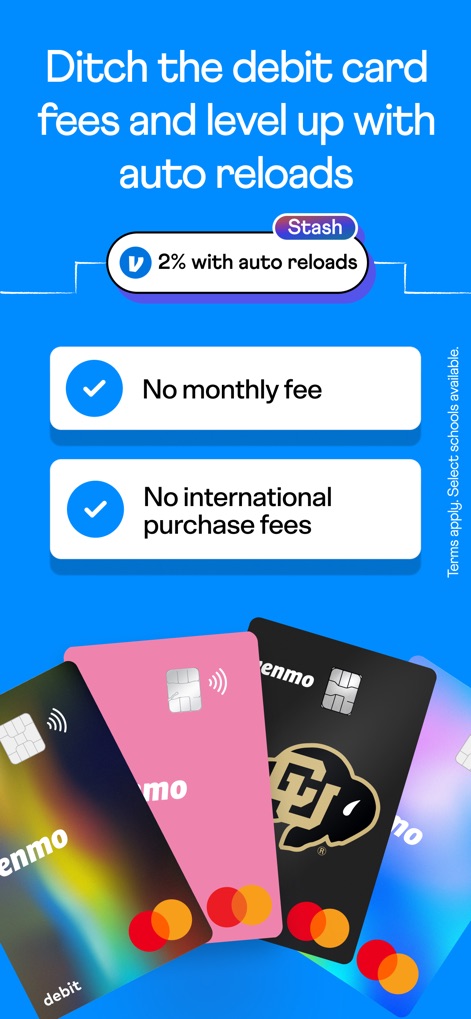 Venmo - Dieser Screenshot hebt die Vorteile der Venmo-Karten hervor, indem er 'No monthly fee' und 'No international purchase fees' prominent zeigt, ergänzt durch eine Ansicht verschiedener Kartendesigns.