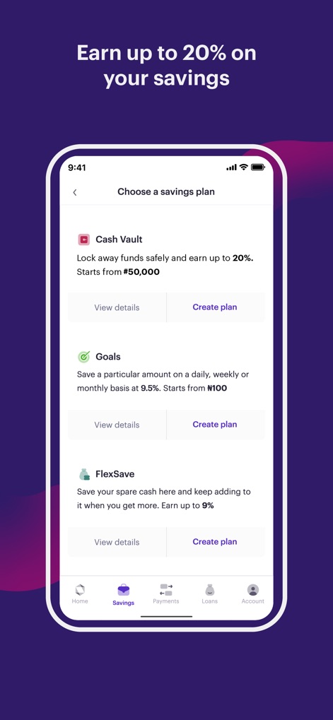 Carbon: Mobile Banking & Loans - La sección de "Ahorros" destaca múltiples opciones para rentabilizar el dinero, como el "Cash Vault" que ofrece hasta un 20% de interés anual y los "Goals" con un 9.5%, animando a los usuarios a ahorrar de forma inteligente.
