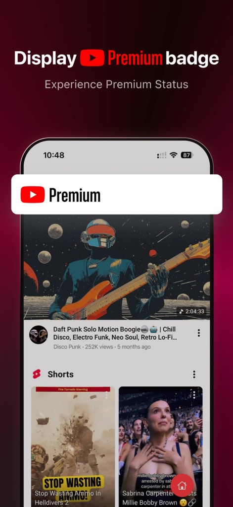 Tube PiP: PiP for Youtube - Observez l'affichage du badge Premium, conférant aux utilisateurs l'expérience et le statut d'un abonné sans frais, avec une lecture vidéo fluide. 