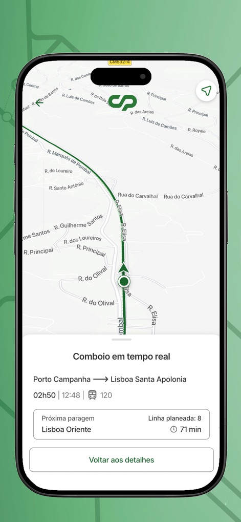 Comboios de Portugal - L'application affiche la « localisation en direct du train » sur une carte interactive, complétée par les détails de la « prochaine gare » et le temps estimé.