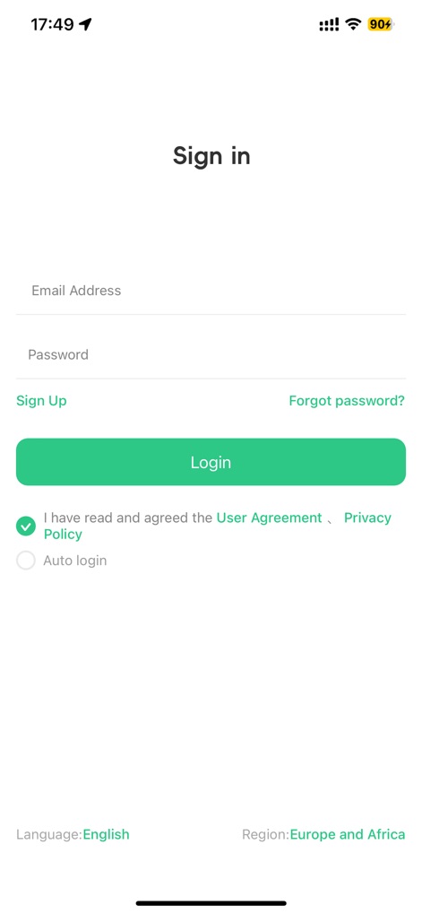 SeTracker2 - This screen introduces the secure login process, featuring clear input fields for Email Address and Password, alongside prominent links to the User Agreement and Privacy Policy for user transparency.