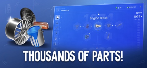 Car Company Tycoon - This view highlights the extensive research and development tree for components, allowing users to unlock new engine block designs and other parts through historical progression.