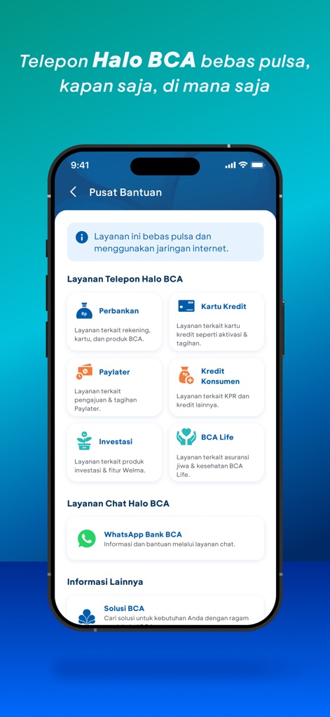 myBCA: New BCA Banking Apps - The "Pusat Bantuan" ensures accessible support, providing options for "Layanan Telepon Halo BCA" and "Layanan Chat Halo BCA" across various financial topics.