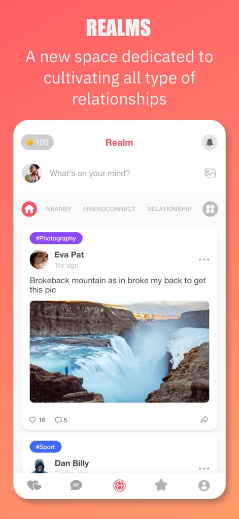 Mingle2 - Dating & Meet People - Explore the vibrant Realms community feed, showcasing categorized content tabs that foster engagement and diverse relationship building.