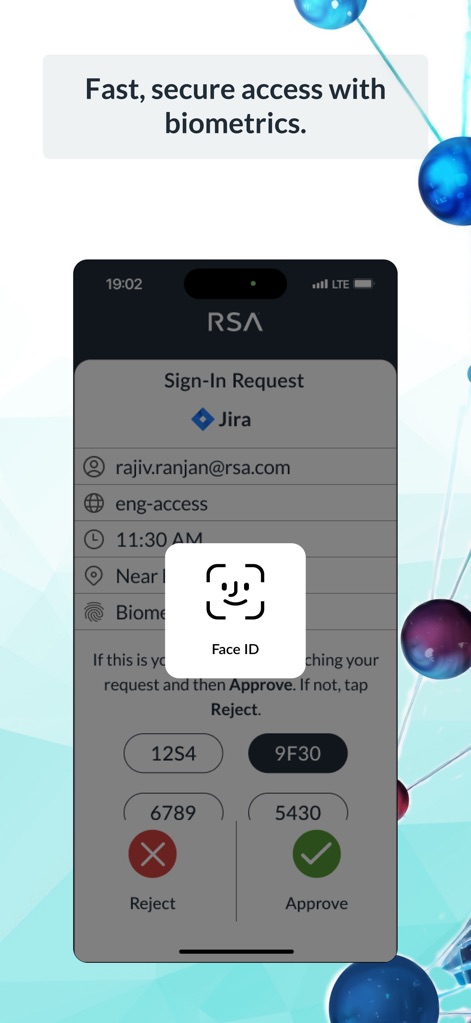 RSA Authenticator (SecurID) - The app integrates advanced biometric security, utilizing "Face ID" for rapid and secure authentication, which is presented within a detailed "Sign-In Request" screen.