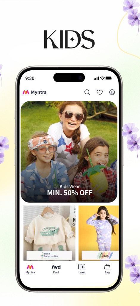 Myntra - Fashion Shopping App - This screenshot illustrates the vibrant Kids section, offering a wide selection of clothing items like the "Little Surprise Box" with exciting discounts.