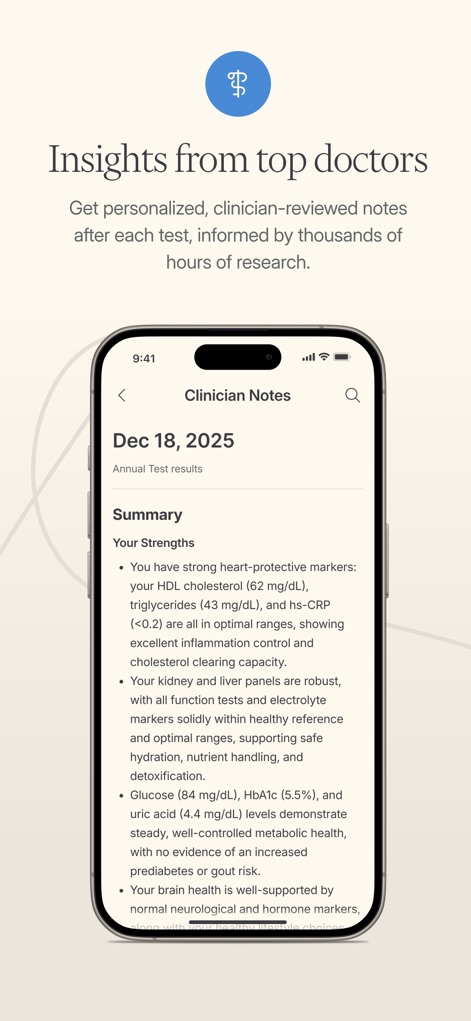 Function Health - Delve into personalized Clinician Notes that highlight individual health strengths, referencing specific markers like strong heart-protective HDL cholesterol and robust liver panels for clear understanding.