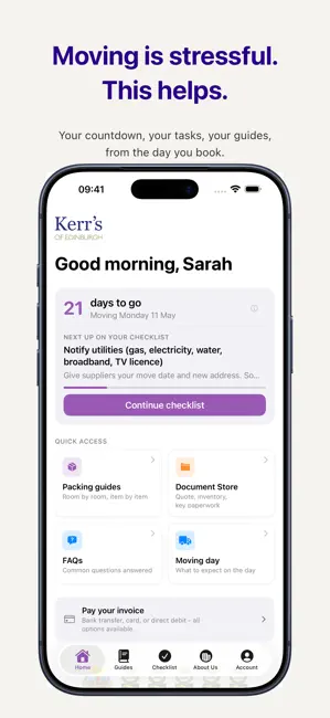 Kerr's Moving Companion app home screen showing move countdown and quick access tools