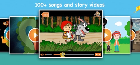 LearnEnglish Kids: Playtime - このアプリは、「赤ずきん」の物語を含む楽しいアニメーション動画を多数提供しており、大きな再生ボタンと進行状況バーが視覚的に表示されています。