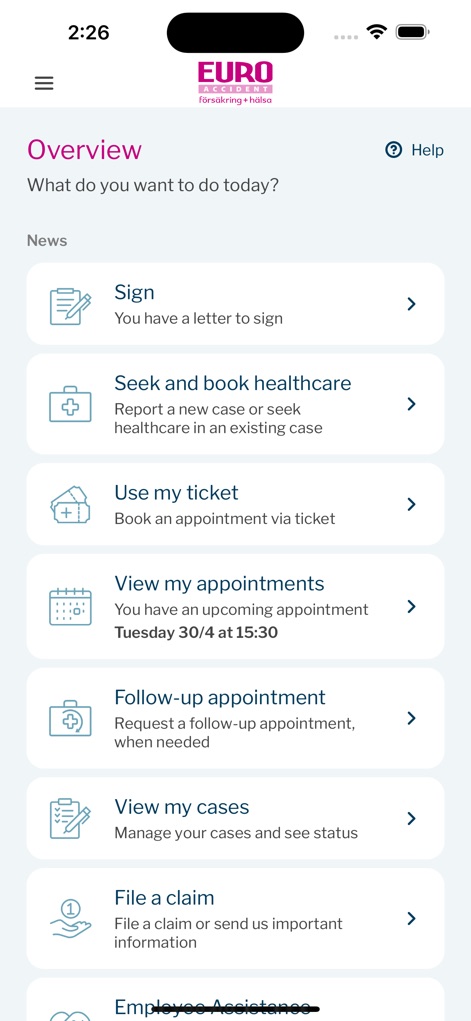 Euro Accident 2.0 - La dashboard offre un accesso rapido a diverse funzionalità, includendo la possibilità di 'Visualizzare i miei appuntamenti' e 'Cercare e prenotare assistenza sanitaria'.