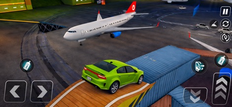 Urban Drive: Car Simulator 3D - Challenge precision and agility as a vibrant green car maneuvers across a multi-level stunt course constructed from shipping containers, showcasing the app's extreme parkour driving and aerial backdrops like the large airplane.