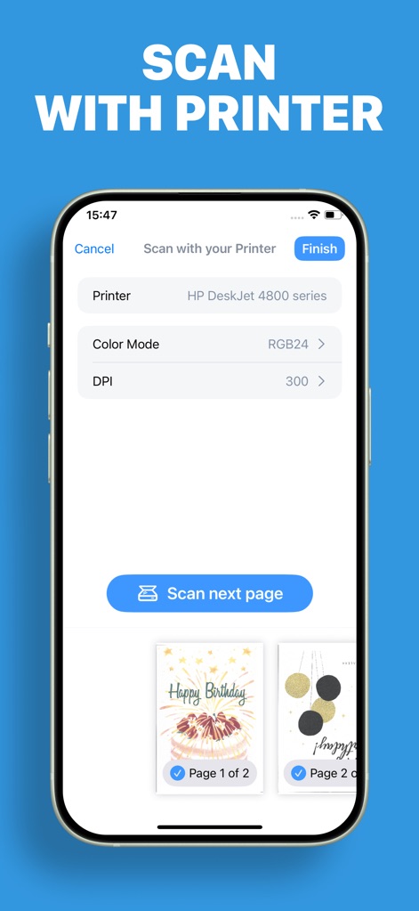 Smart Printer App · Air Print - La aplicación ofrece opciones de configuración para el escaneo, como el "Modo de Color" y los "DPI", mostrando una vista previa de los elementos escaneados, como tarjetas de cumpleaños.