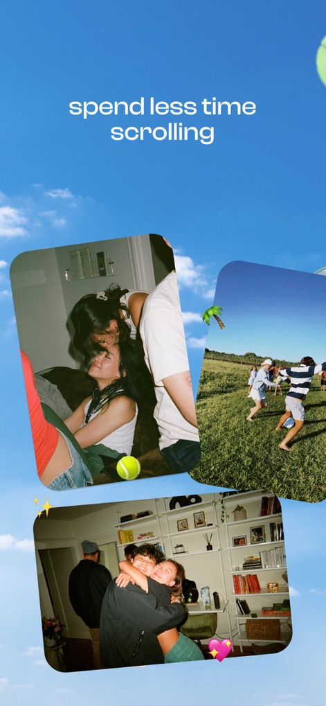 corner: curate & share places - This section emphasizes spending less time on screens, showcasing lifestyle imagery of friends genuinely interacting and enjoying shared experiences in the real world.