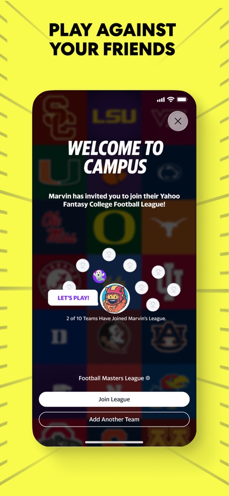 Yahoo Fantasy Sports: NFL, MLB App Store screenshot 3, headline “PLAY AGAINST YOUR FRIENDS”. Yellow.