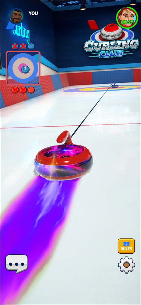 Curling Club: PvP Multiplayer - See how the app showcases the player avatar and score display alongside vibrant, dynamic stone effects as the stone slides.