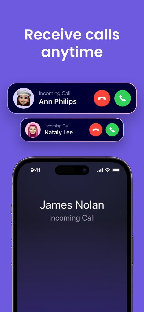 Second Phone Number: 2nd eSIM - 이 앱은 Ann Philips 및 Nataly Lee의 수신 전화 알림과 함께 전체 화면 수신 전화 인터페이스를 시각적으로 보여주어, 사용자가 언제든지 두 번째 번호로 전화를 받을 수 있음을 강조합니다.
