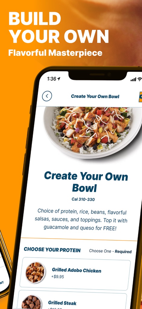 QDOBA Mexican Eats - This interface empowers users to customize their meals, such as selecting their preferred protein from a detailed list, and visualize their choices with a representative meal image.