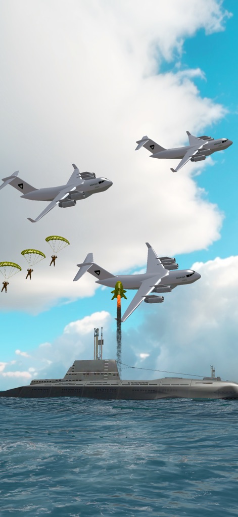 Uboat: Sea War - Observe a submarine launching a powerful missile while transport aircraft deploy paratroopers, demonstrating the strategic depth and varied threats in engagements.