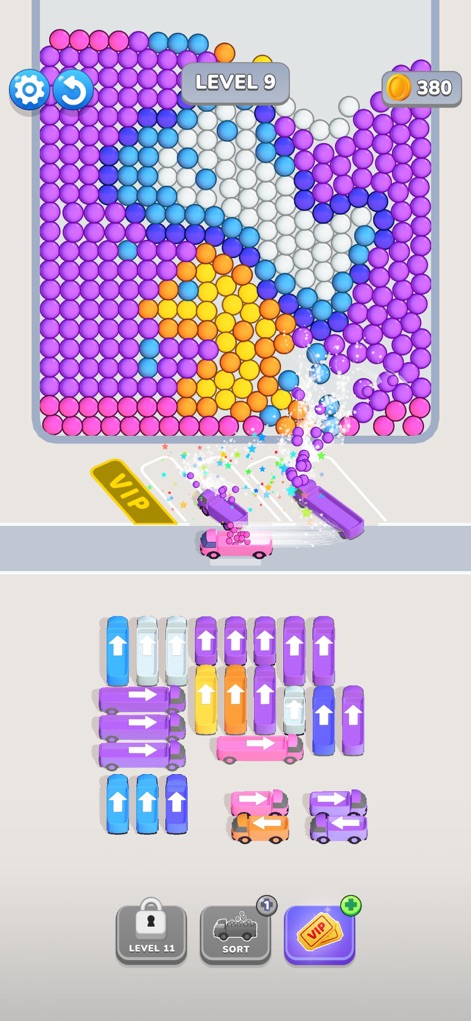 Bubble Bus: Parking Jam Puzzle - バブルが弾ける華やかなエフェクトが特徴的であり、紫やピンクのバスが戦略的に配置された駐車エリアが映し出されています。