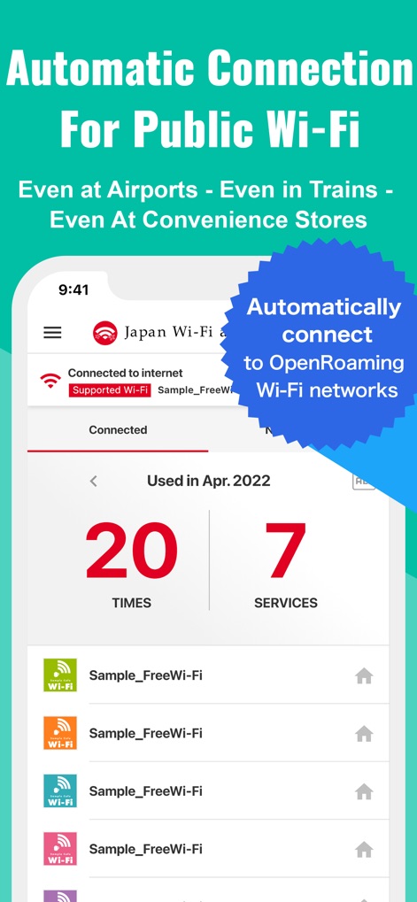 Japan Wi-Fi auto-connect - このアプリは、画面上部の吹き出しで示されるようにOpenRoaming Wi-Fiネットワークへ自動接続し、また画面中央の統計情報では今月の利用回数「20 TIMES」とサービス数「7 SERVICES」を表示し、ユーザーの利便性を高めます。