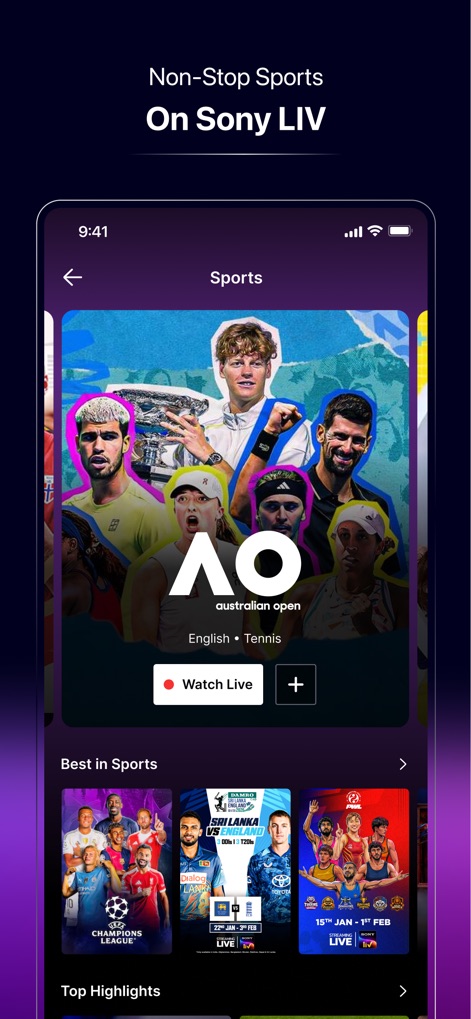 Sony LIV - Cet outil assure une couverture sportive complète, offrant la diffusion en direct de l'"Australian Open" via le bouton 'Watch Live', et une section 'Best in Sports' pour les événements majeurs.