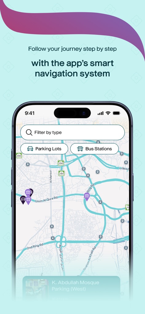 Visit Masar - The app's intelligent navigation system features an interactive map highlighting "Parking Lots" and "Bus Stations", complemented by a "Filter by type" search for precise location discovery.