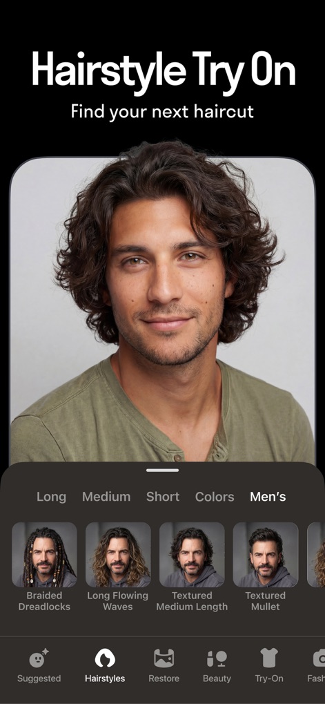 Reface: Face Edit AI Photo App - Experimente visuais com prévias de penteados IA realistas e opções categorizadas como "Masculino" e "Longos" para explorar novos estilos sem esforço.
