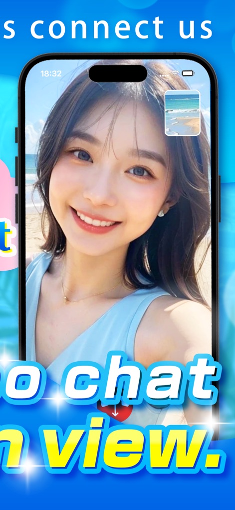 Whale: Video Chat & Adventure - Observez l'expérience de chat vidéo personnalisée, agrémentée d'une fenêtre incrustée dévoilant un paysage marin idyllique pour des interactions enrichies.