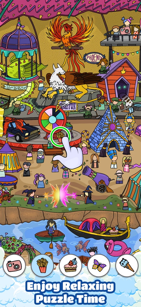 Scavenger Hunt－Hidden objects! - This tool invites players into magical fantasy fairgrounds, showcasing mythical creatures like a phoenix and an interactive hand cue for selecting items such as french fries.