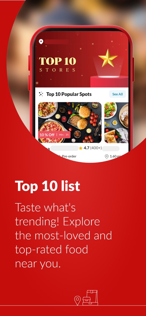 Foodhub - Online Takeaways - The app helps users explore popular choices, presenting a 'Top 10 Stores' section and detailed listings with star ratings and review counts for informed decisions.