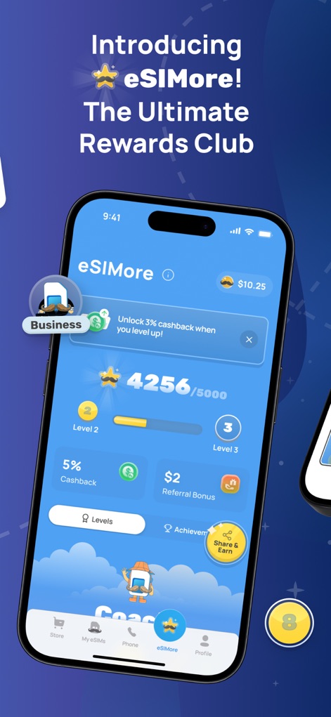 eSIMo: Travel eSIM & Calls - L'application intègre un programme de récompenses clair, affichant les points accumulés et les niveaux atteints, ainsi que le pourcentage de cashback et les bonus de parrainage.