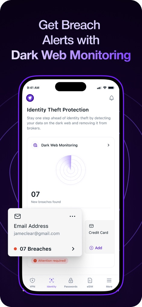 PureVPN: Fast and Secure VPN - La función de 'Dark Web Monitoring' resalta la seguridad proactiva, alertando a los usuarios con un contador de '07 new breaches found' para su correo electrónico y otros datos personales.
