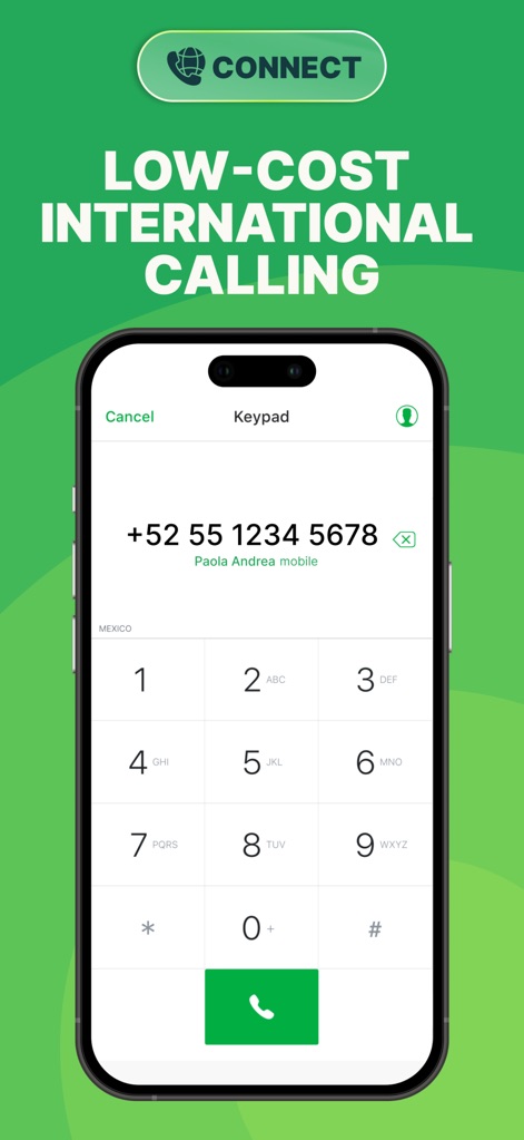 textPlus: Text Message + Call - Esta captura enfatiza las "Llamadas Internacionales de Bajo Costo" mostrando una interfaz clara de marcación con un "Teclado numérico" y el "Indicador del país de destino" para una comunicación global accesible.