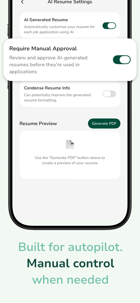 Sprout - AI Job Search - The app provides flexible control over AI-generated resumes, allowing users to toggle automatic customization and require manual approval.