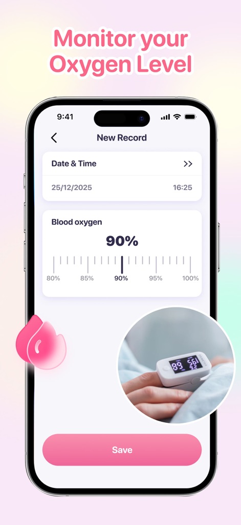 Health Monitor: Blood Pressure - O aplicativo oferece a capacidade de monitorar os níveis de oxigênio no sangue, permitindo que os usuários insiram o dado (ex: "90%") usando um "controle deslizante" para ajuste preciso.
