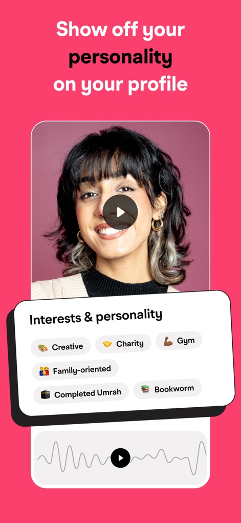 Muzz: Where Muslims Marry - I profili permettono di mostrare la propria personalità attraverso una sezione dedicata agli "Interests & personality" (interessi e personalità), inclusi tag come "Creative" e la possibilità di registrare una nota vocale.