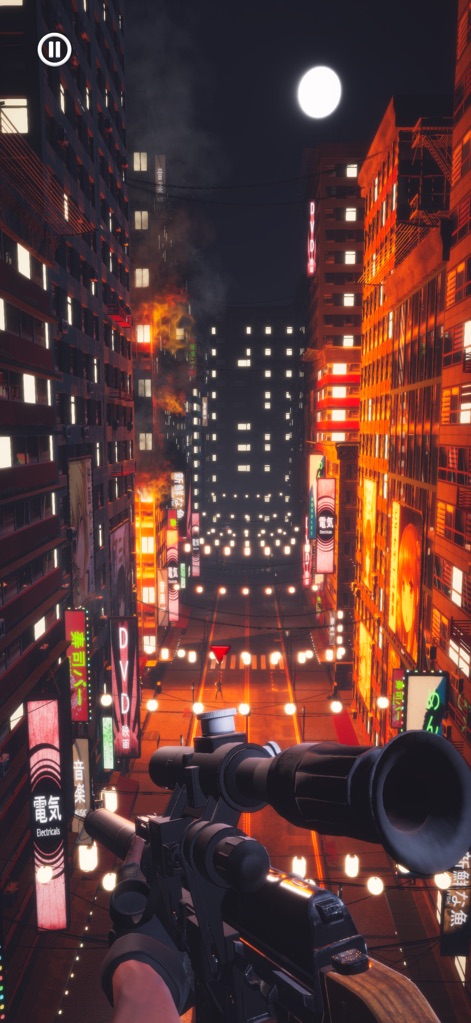 Sniper Agent: Offline Shooter - Agents can undertake thrilling night-time operations, navigating through brightly lit cityscapes adorned with neon signs.