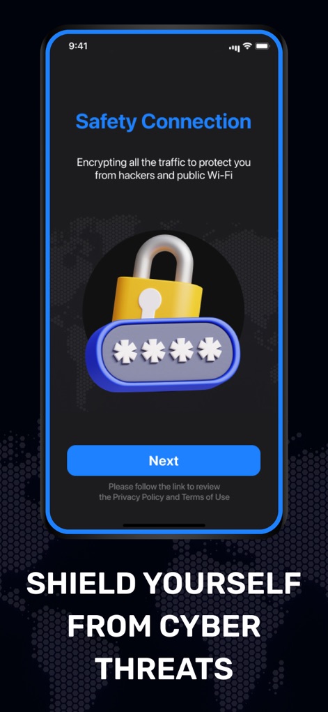 VPN Sunrise - Users can understand the app's robust security measures through the prominent padlock icon and the concise explanation of traffic encryption.