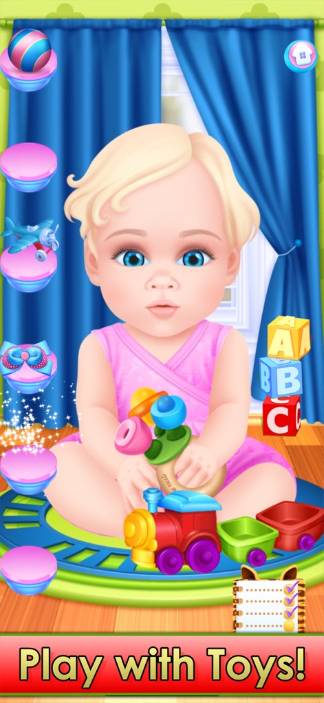 Baby & Family Simulator Games - The app presents a baby playing with a colorful toy train, surrounded by ABC blocks and interactive toy selections.