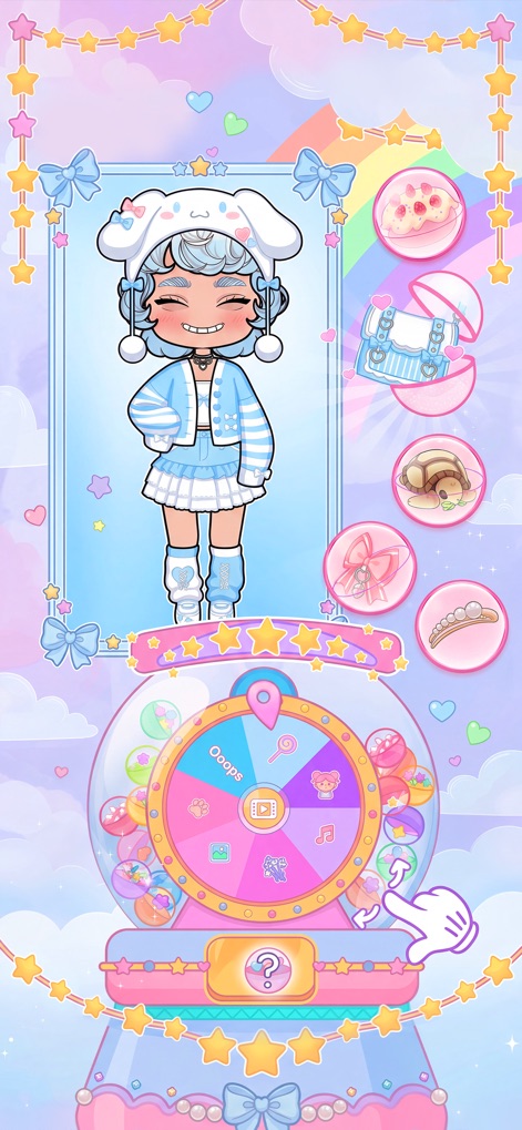 Chibi Maker: Dress Up Games - Dieser Screenshot zeigt einen entzückenden Chibi-Charakter in einem Hasenhut und einer hellblauen Garderobe, umgeben von einem spannenden Gacha-Glücksrad mit potenziellen Preisen.