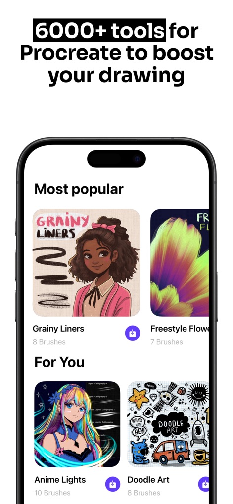 Tools for Procreate - 本アプリは、Procreate向けに6000以上のツールを提供し、多様なブラシセットを閲覧できます。例えば、「Grainy Liners」や「Anime Lights」といった人気カテゴリから、ユーザーの創造性を刺激する最適なツールを見つけられます。