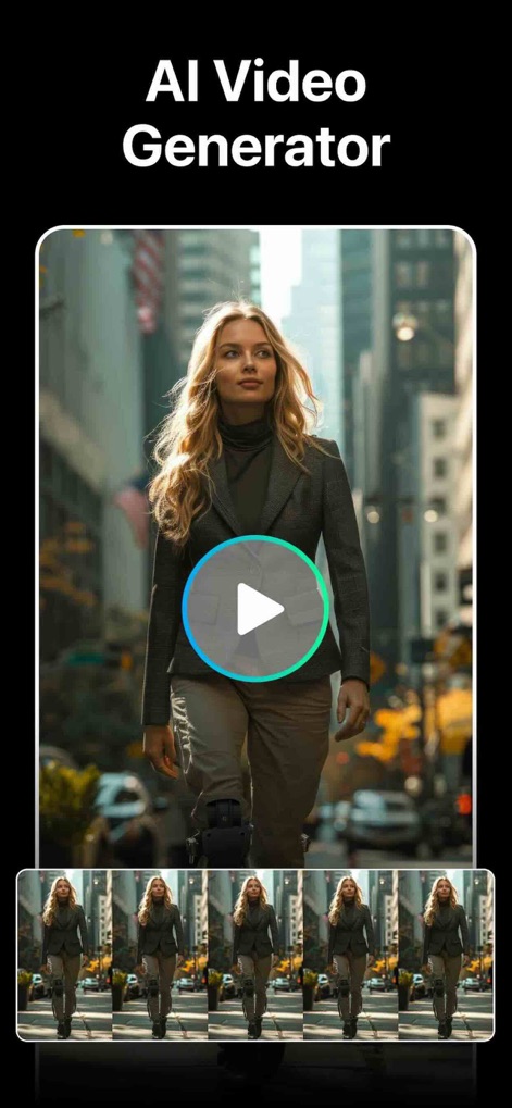 AI Video Generator: Video AI - Esta visualización del proceso de creación muestra una mujer caminando en un paisaje urbano y una serie de miniaturas de fotogramas, destacando la conversión de imágenes a video y la interfaz de previsualización del contenido.