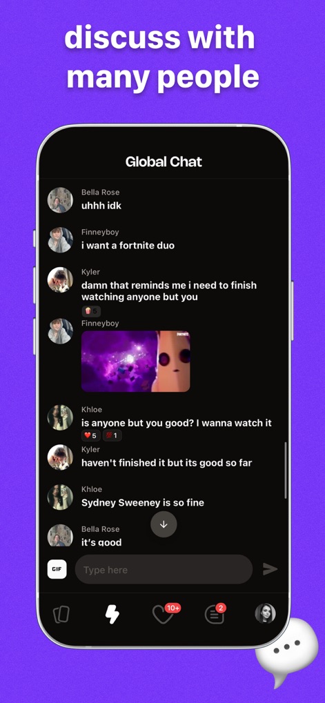 Peeps - Make New Friends - A tela de chat global possibilita discussões com múltiplos usuários, exibindo nomes de perfil e a opção de enviar GIFs para uma comunicação expressiva.
