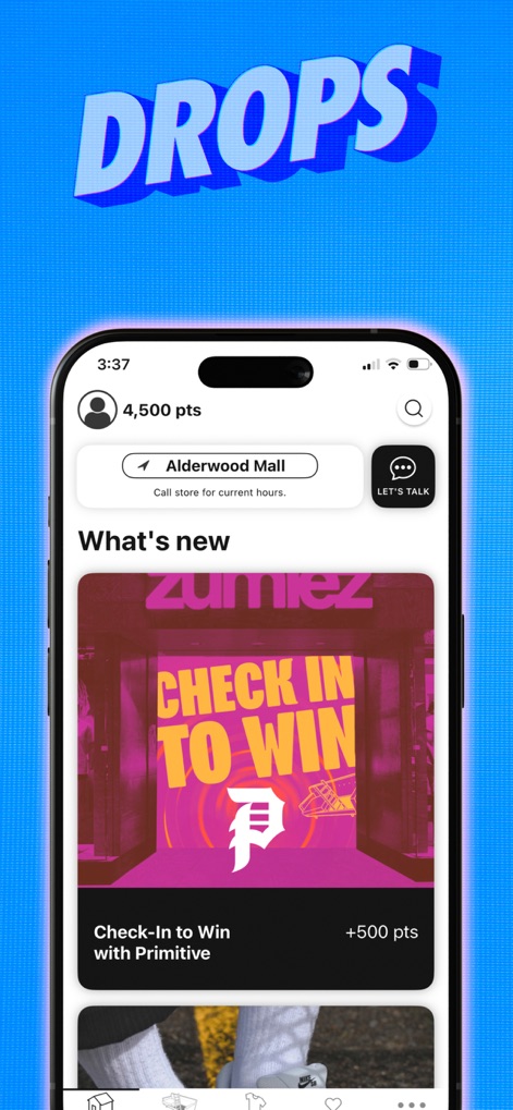 Zumiez - Stay updated on the latest brand releases and exclusive events, including opportunities like the 'Check-In to Win with Primitive' promotion, and engage with staff via the 'Let's Talk' chat button.