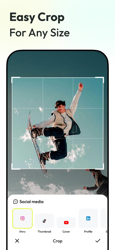 AnyEraser: Remove Objects AI - This tool offers flexible cropping options with a visible grid overlay and convenient pre-set templates for various "Social media" platforms.