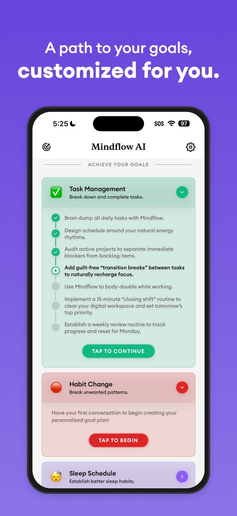 Mindflow AI: Overcome ADHD - Questo strumento espone una guida passo-passo per la "Task Management", con suggerimenti concreti come il "Brain dump all daily tasks" e l'integrazione di "transition breaks", fornendo istruzioni chiare per superare la paralisi da compito.